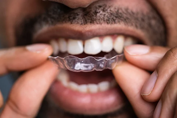 Close up of a patient putting clear aligners on his teeth